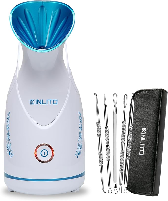 Facial Steamer Ionic Face Steamer for Home Facial, Warm Mist Small Facial Steamer for Deep Cleaning Unclog Pores with Blackhead Remover, Aromatherapy Kit for Personal Home SPA (Blue)