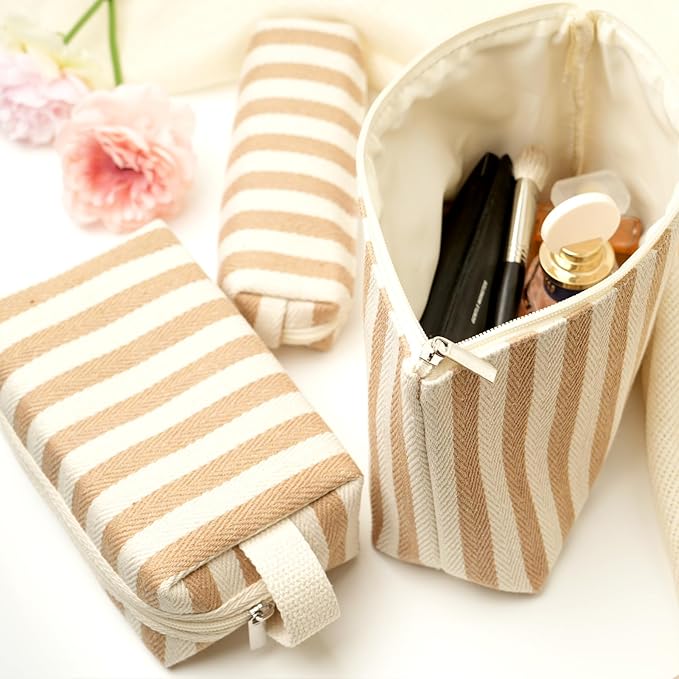3 Pcs Makeup Bag Set Striped Canvas Purse Cosmetic Bag For Women Travel Toiletry Pouch Organizer pencil case (Khaki-White)