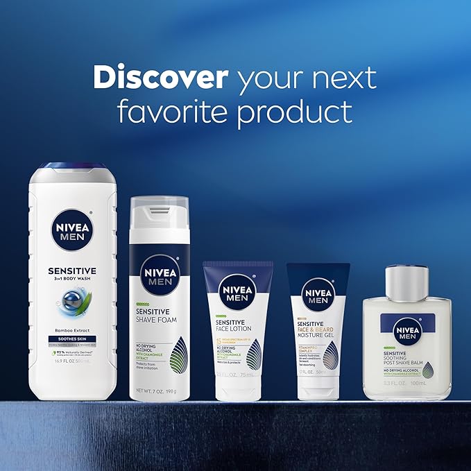 NIVEA MEN Sensitive Body Wash with Bamboo Extract, Moisturizing Body Wash for Sensitive Skin, Soap Free Shower Gel for Men with No Drying Alcohol, 16.9 Fl Oz Bottle, Pack of 3