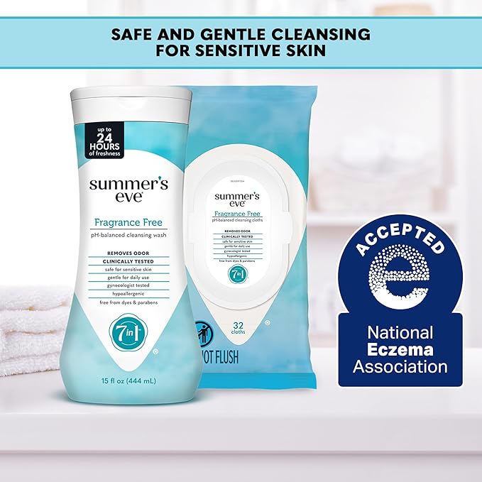 Summer's Eve Feminine Wipes, Fragrance Free, Vaginal Wipes with Gentle pH-Balanced Micellar Water Formula, Feminine Care to Help Remove Vaginal Odor, Gynecologist Tested, 32 Wipes, 4 Pack