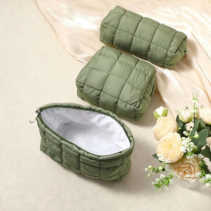 3 Pcs Puffy Makeup Bag Quilted Cosmetic Pouch for Women Cute Checkered Travel Toiletry Bag Puffer Makeup Organizer Purse Pouch Preppy Pencil Case with Zipper(Green)