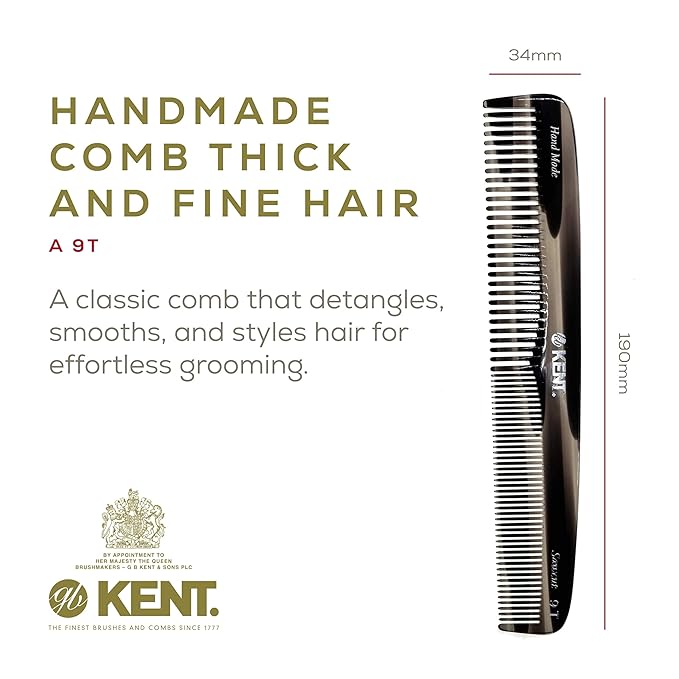 Kent 9T Black Graphite Fine Tooth and Wide Tooth Detangler Hair Combs - Large Handmade and Saw-Cut Dressing Comb - Wet Hair Comb for Women and Durable Grooming Comb for Men Made in England