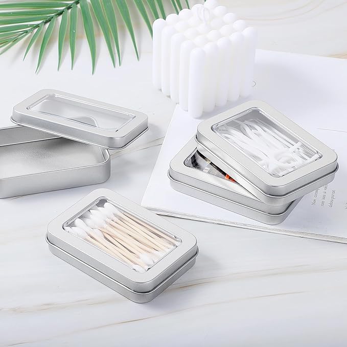 4 Pcs Cotton Swab Holder for Travel, Portable Floss Picks Case with Transparent Window, Small Metal Storage Box with Dustproof Lid, Flosses Pick Holder Boxes for Travel, Cotton Swabs Hair Ties Floss