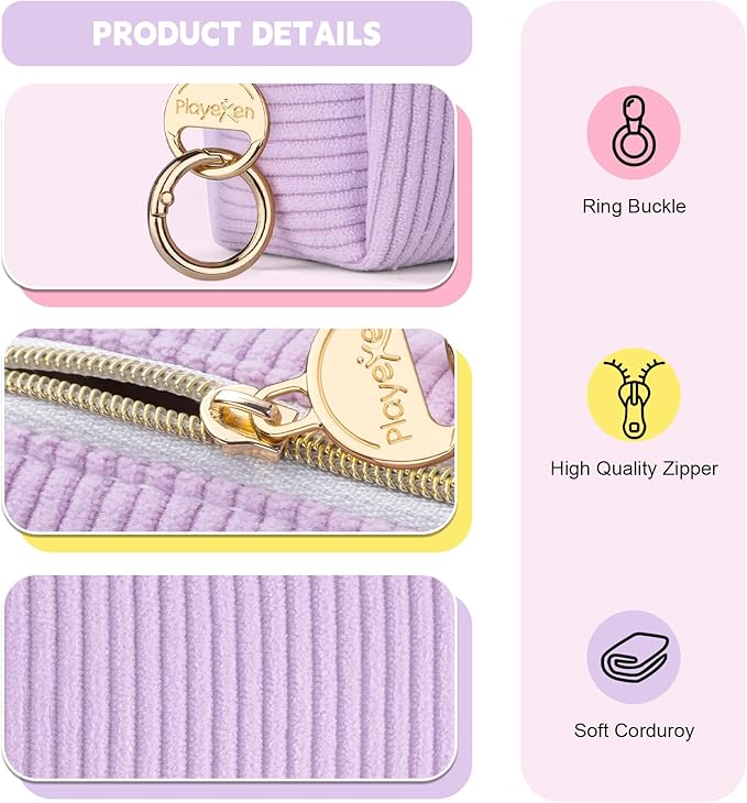 Mini Makeup Bag, Corduroy Small Cosmetic Bag for Purse with Ring Buckle, Portable Travel Makeup Pouch for Lipsticks, Chapsticks, Coin, Earphone, Credit Card (Light Purple)