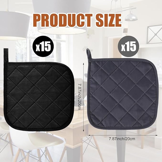 Uiifan 30 Pieces Cotton Pot Holders for Kitchen Washable Heat Resistant Potholders Oven Hot Pads for Cooking and Baking, 7.87 x 7.87 x 0.2 Inch(Black, Gray)