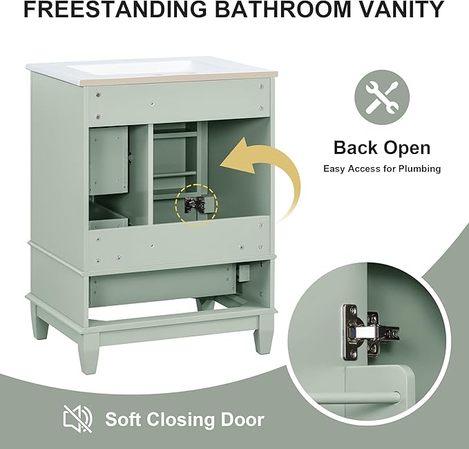 Harper & Bright Designs 24" Bathroom Vanity with Sink, Free Standing Single Vanity Set with 3 Drawers and One Door with Storage Racks, Storage Cabinet with Ceramic Basin for Bathroom, Light Green
