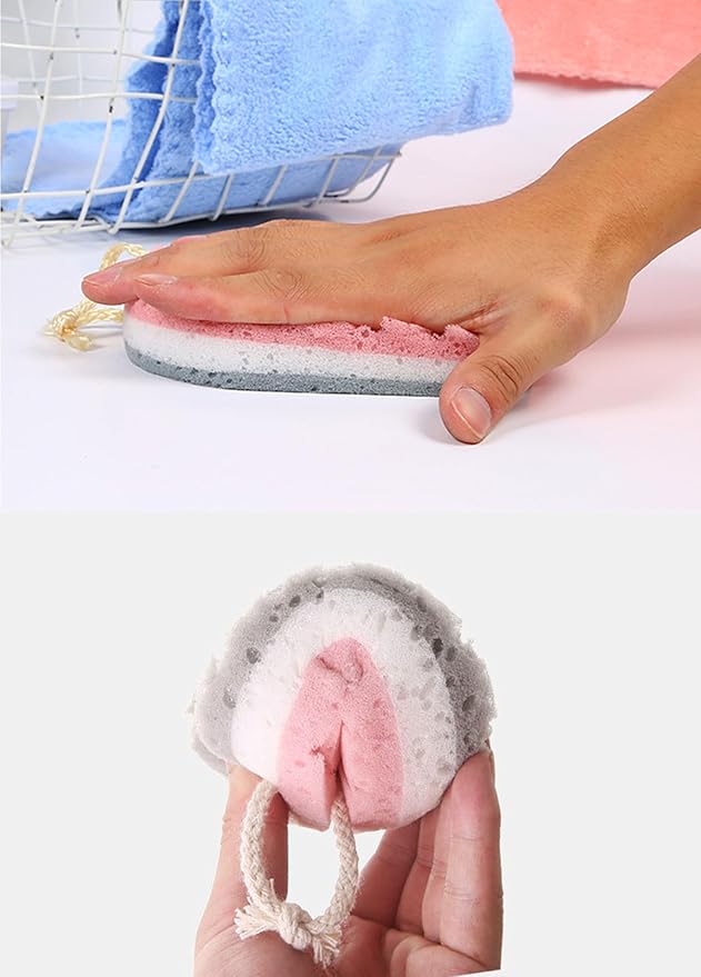 2-Piece Set of 3-Layer Bath Sponges: Soft PU Foam Body Exfoliating Sponges, Exfoliating Bath Sponges with Hanging Straps, and Colorful Luffa Sponges with Rich Lather