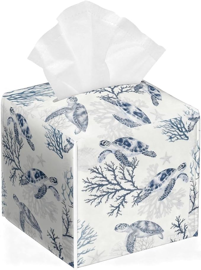 Sea Turtle Tissue Box Cover Leather Tissue Box Holder Square Facial Paper Organizer Dispenser for Bathroom Kitchen Bedroom Vanity Countertop Night Stands
