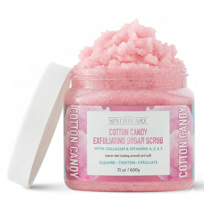 Cotton Candy Sugar Scrub - Exfoliating & Hydrating Body Scrub With Collagen & Vitamin A,C, & E to Help Smooth, Soft & Nourish for Radiant Skin, Body Care Exfoliator & Cleanser, 21 oz