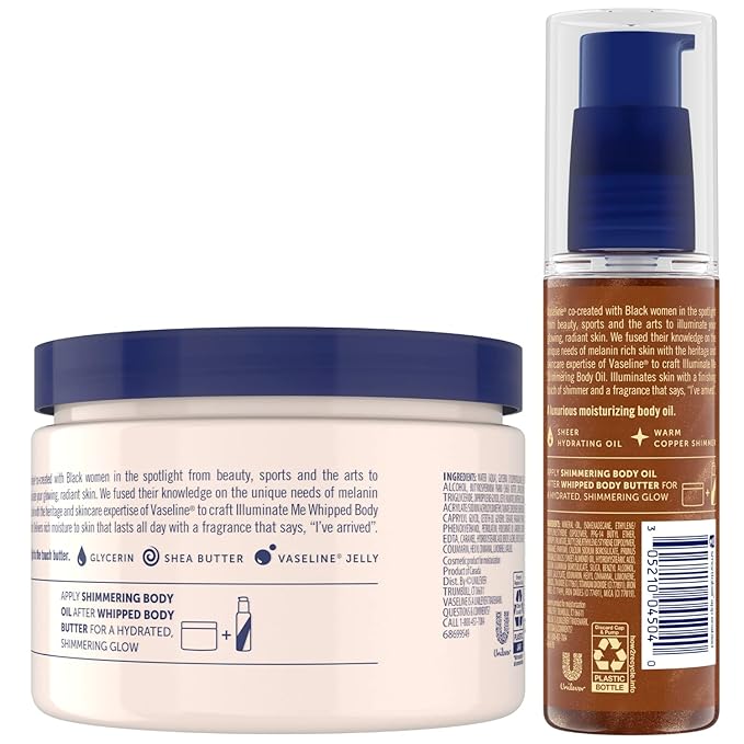Vaseline Illuminate Me Body Butter & Oil - Shimmering Body Bronzer, Hydrating Whipped Organic Shea Butter with 24-Hour Moisture for Melanin-Rich Skin, Radiant Glow Oil (2 Piece Set)