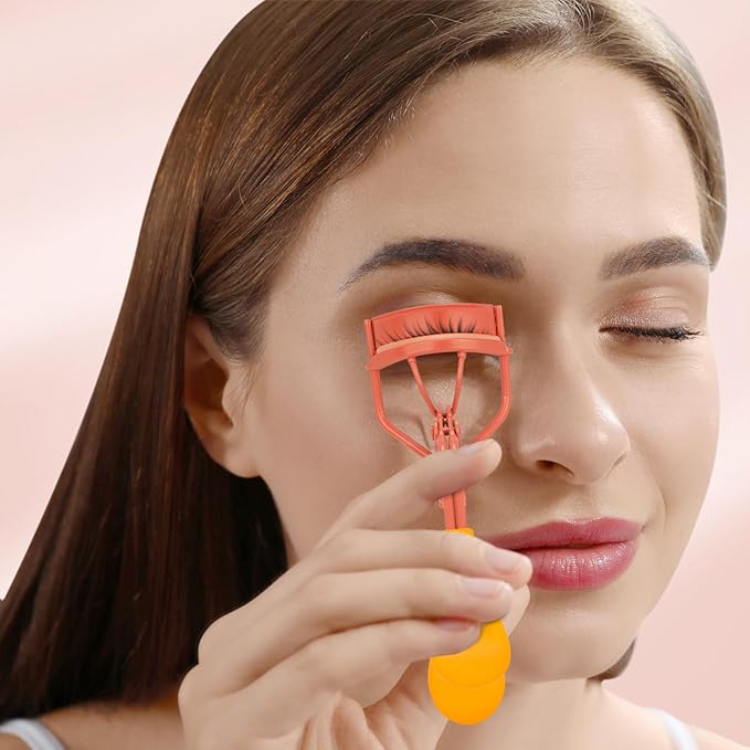 Eyelash Curler with Pads, Lash Curler with 10 Extra Silicone Replacement Pads, Comfortable Grip for Effortless Curling – Eyelashes for The Perfect Eye Contour (Honeydew Orange)