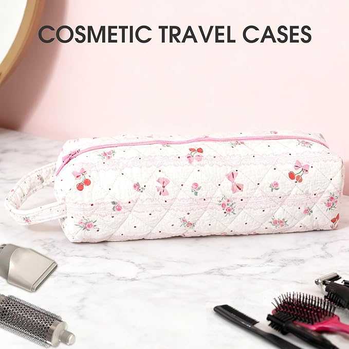 Hair Tools Organizer Bag with Cherry Pattern for Curling Irons, Flat Irons, Hair Dryers and Styling Tools, Portable Pink Travel Case, Haircare Accessories Travel Essentials(14" x 3.1" x 4.9")