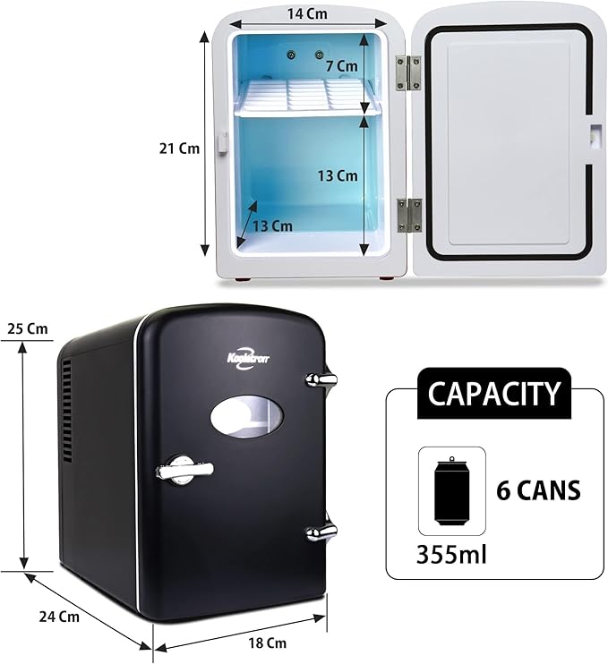 Koolatron Mini Fridge- Black Refrigerator 6 Can Portable Cooler for Bedroom Office Dorm Car Compact Fridge for Drinks Makeup Skincare Dual Power 12V 110V