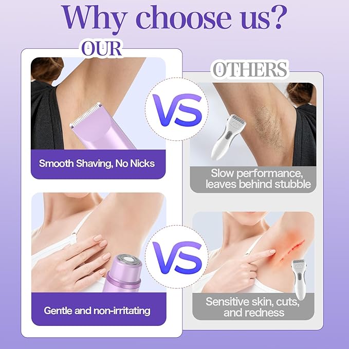 Bikini Trimmer for Women 2in1 High Power Epilators Hair Removal Waterproof Electric Razors Women's Electric Razor Pubic Hair Trimmer Shaver for Women for Ladies Pubic，Face， Underarms，Legs(Purple)