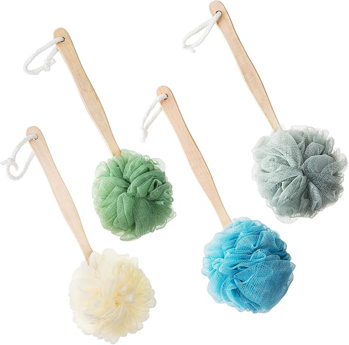 4 Pack Large Bath Puff Loofah Sponge with Long Handle Shower Loofah, Bath Body Back Brush, Spa Brush for Women and Men(4 Color)