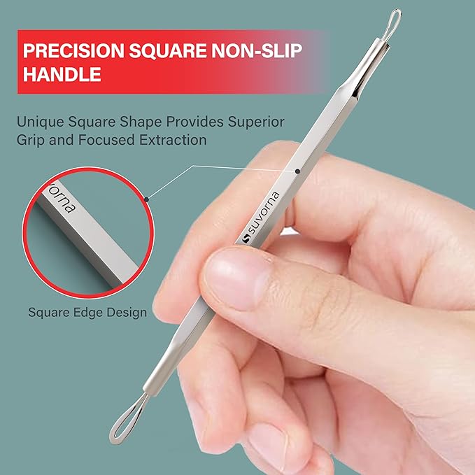 Suvorna Skinpal s25 - Whitehead & Blackhead Remover, Cleaner & Comedone Extractor 2 in 1. Made of Dermatologist Grade Surgical Steel. Approved by Best aestheticians, Comes with Product Guide & Pouch.