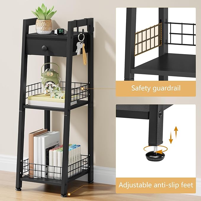 3-Tier Narrow Ladder Shelf with Drawer, Bathroom Table Stand for Small Space, Narrow Bathroom Standing Shelves with Storage for Living Room Bedroom Kitchen, Black