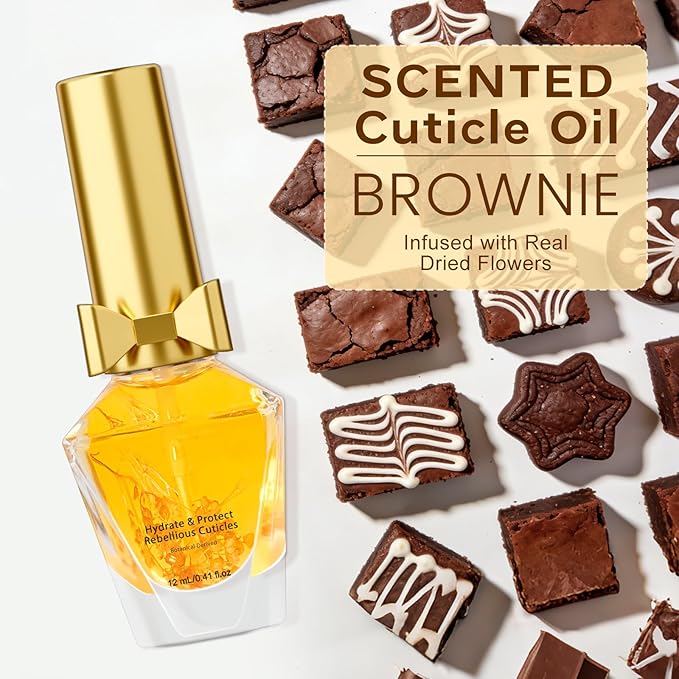 JIASHENG Cuticle Oil, Scented Cuticle Nail Oil Infused with Real Flowers, Hydrates, Moisturizes, Strengthens, Repairs, Revitalizing Cuticle Oils for Nails Damage Dry Cuticle, Brownie, 12ml