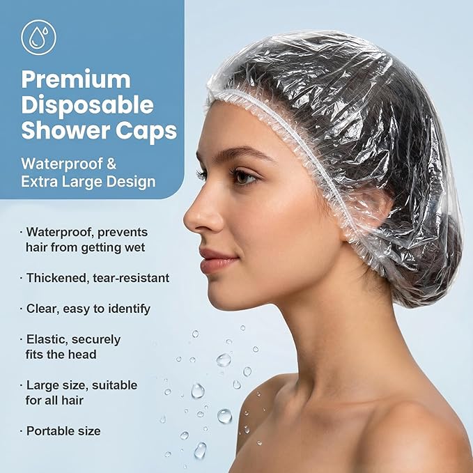 MAQIHAN 100 Disposable Shower Caps Unisex - Large Plastic Hair Caps for Deep Conditioning Shower Cap Reusable Waterproof for Women Men Hair Treatment Bath Cap for Long Hair Travel Essentials