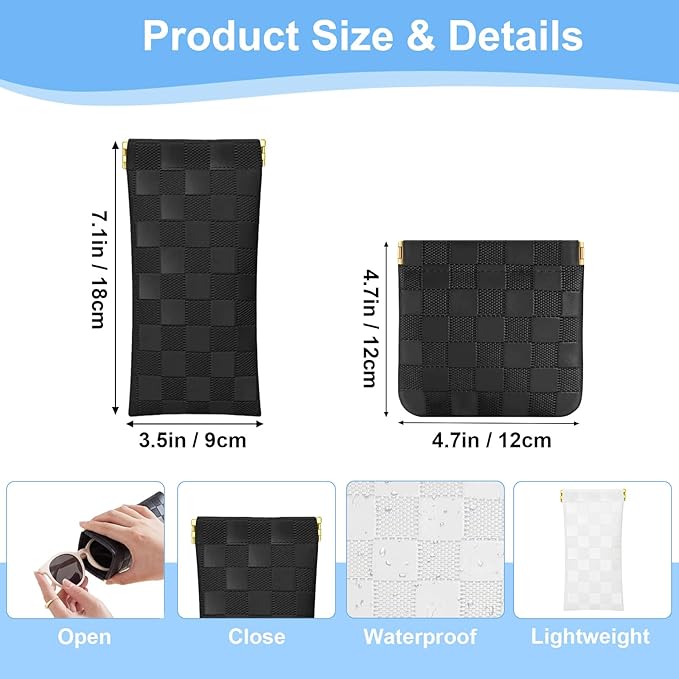 4Pcs Small Makeup Bag for Purse, Mini Checkered Leather Purse Pouches for Purse Small Makeup Pouch Small Coin Purse Organizer Pouches, Portable No Zipper Pocket Cosmetic Bag for Women (White, Black)