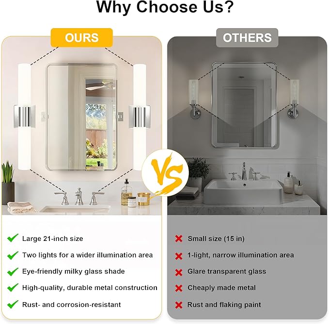 Bathroom Wall Sconces Set of Two, 21 Inch Modern Vanity Lights with Frosted Glass Shade, Bathrooms Vanity Lighting Fixtures for Mirror Bedroom Living Room Hallway (Silver)