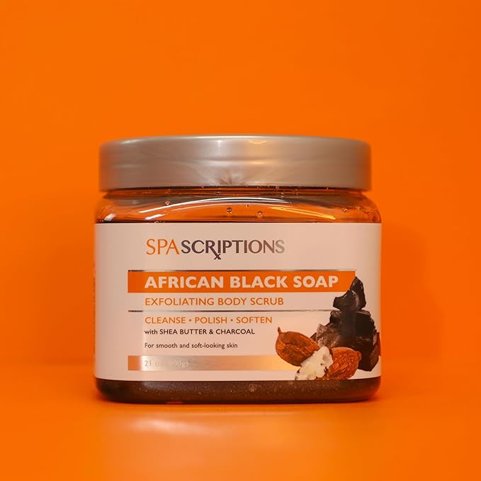 SpaScriptions African Black Soap Sugar Scrub - Detoxifying Body Scrub Exfoliator with Shea Butter & Charcoal, Ideal for Oily or Congested Skin, Supports Deep Pore Cleansing & Clarifying Skin, 21 oz