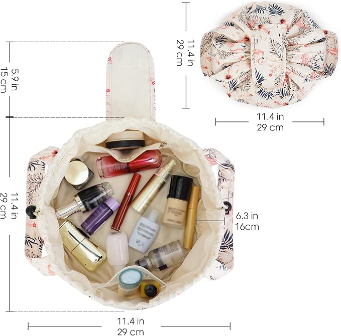 Narwey Barrel Drawstring Makeup Bag Large Floral Cosmetic Bag Make up Bags Toiletry Organizer for Women and Girls (Beige Flamingo) (Patent)