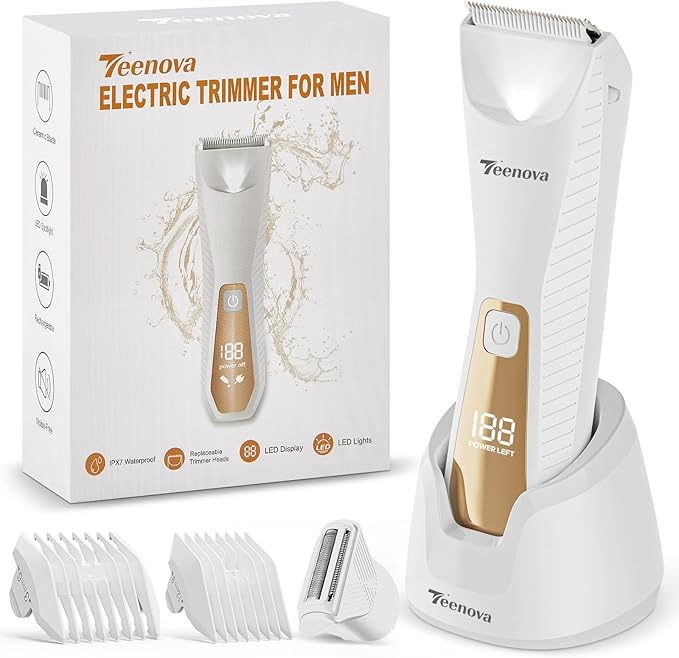 Pubic & Body Hair Trimmer for Men, 2 In 1 Electric Ball Groin Razor Shaver with Ceramic Blade, No Nick Mens Grooming Kits for Wet/Dry Use, Cordless Charging Body Groomer with Led Display,White