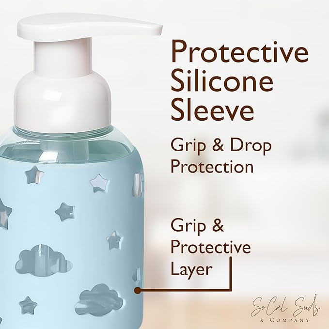 SoCal Suds & Company Foaming Hand Soap Dispenser Glass, Liquid Soap Pump with Cloud & Star Sleeve, Refillable Bottle for Kids, Baby Wash & Shampoo, Ideal for Bathroom & Kitchen Use, Light Blue, 8oz