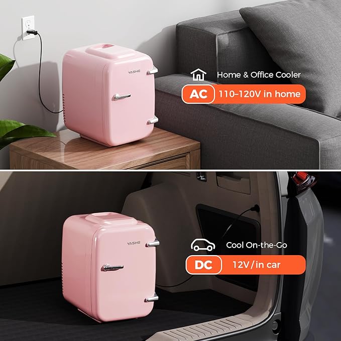 Mini Fridge, 4 Liter/6 Can Mini Makeup Fridge, 110V AC/ 12V DC Portable Thermoelectric Cooler&Warmer for Skincare, Drink, Cosmetic, Medicine, Small fridge for Bedroom, Office, Dorm, Car, Pink