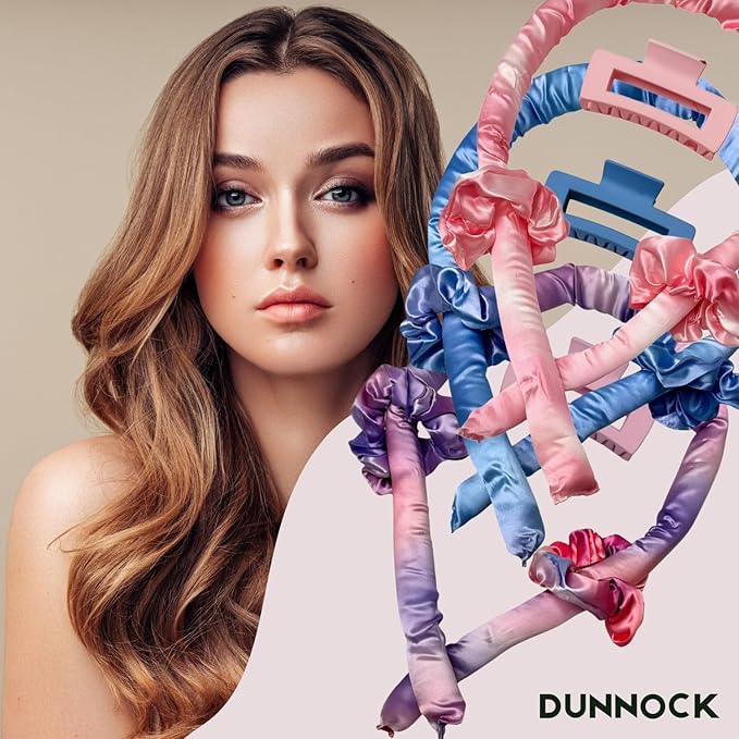Dunnock Heatless Curling Rods Set Sky Blue - Heatless Curls Overnight with 34" Hair Curler & 2 Satin Scrunchies No Heat Hair Curlers for Soft Waves & Bouncy Curls, DamageFree Hair Styling Tool