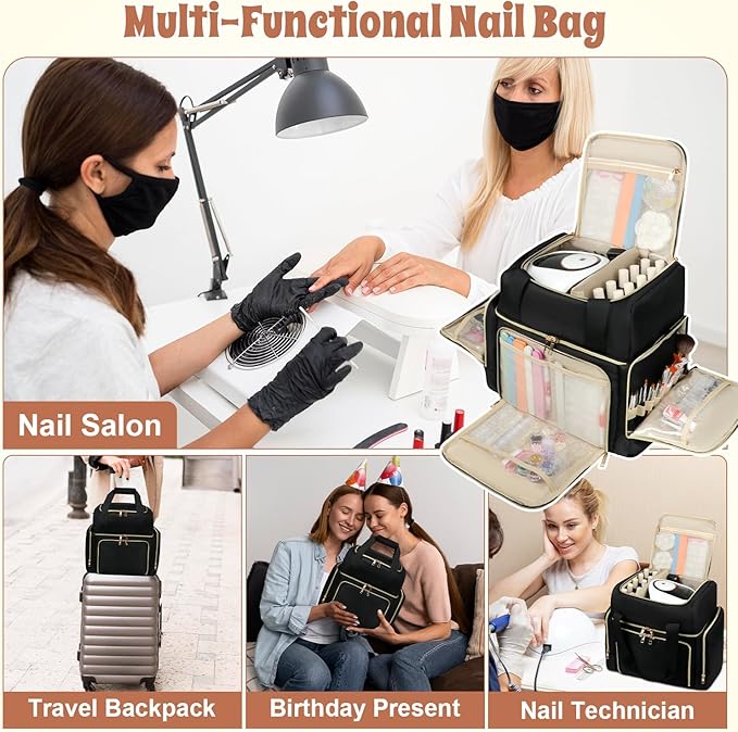 Nail Polish Organizer Backpack Hold 130 Bottles& Nail Lamp, Extra Large Nail Kit Bag with 3 Separate Sponge Pouches for Gel Polish, Travel Carrying Case for Nail Art Supplies, Nail Tool& Stuff