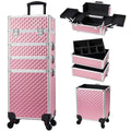 Stagiant Rolling Makeup Train Case Cosmetology Case on Wheels 4 in 1 Large Cosmetic Organizer Box Makeup Travel Case with Key Swivel Wheels Nail Artist Salon Storage Traveling Cart Big Trunk Pink