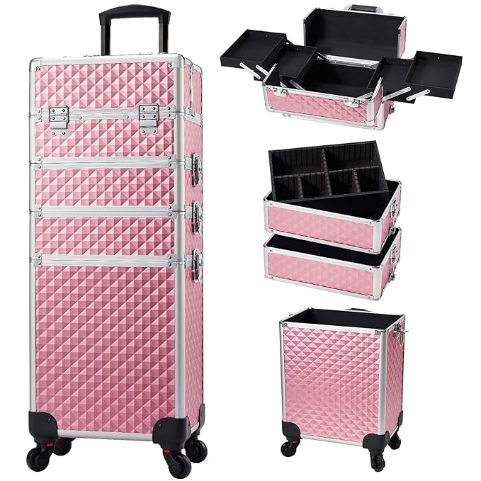 Stagiant Rolling Makeup Train Case Cosmetology Case on Wheels 4 in 1 Large Cosmetic Organizer Box Makeup Travel Case with Key Swivel Wheels Nail Artist Salon Storage Traveling Cart Big Trunk Pink