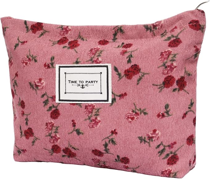 1pcs Floral Makeup Bag for Women Travel Cosmetic Pouch Toiletry Organizer for Skincare Brushes and Daily Essentials 8.27x7.28x1.97 inch(Flower-1, Rose)