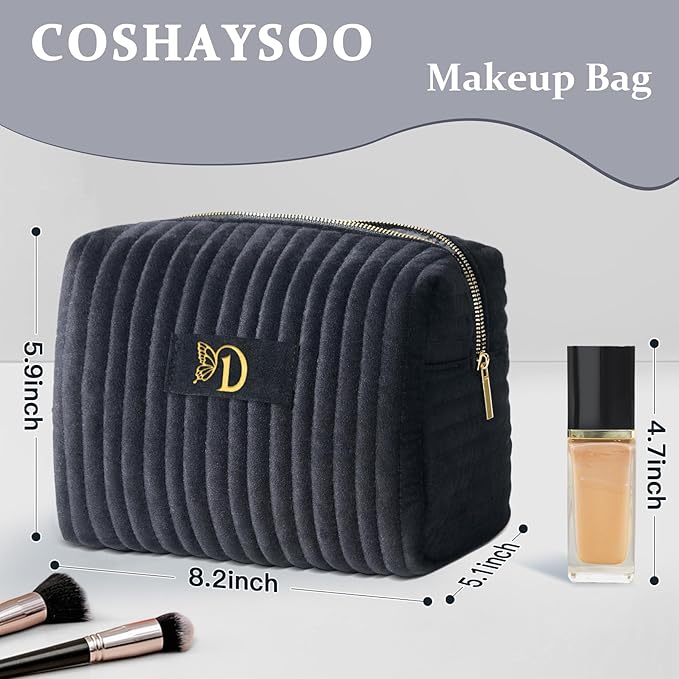 COSHAYSOO Travel Makeup Bag Quilted Make Up Pouch Initial Velvet Cosmetic Case with Butterfly Decorations for Women Birthday Party Favor Supplies Cool Popular Easter Valentines Gifts Black Letter D