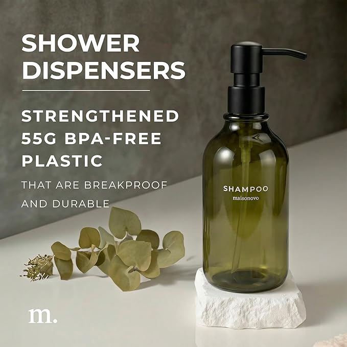 MaisoNovo Refillable Shampoo and Conditioner Bottles - 16.9 fl oz Set of 3 Green Plastic Bottles Black Plastic Pumps