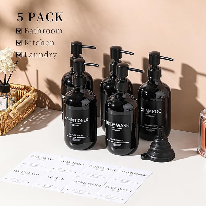 Shampoo and Conditioner Dispenser(5Pack) 16.9oz Refillable Shampoo and Conditioner Bottles,Dispenser for Shower (Black)