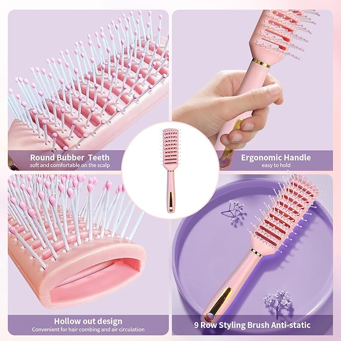 11PCS Hair Brush Set, Round Brush and Paddle Hair Brush Great On Wet Long Thick Hair, Detangling Brush and Spray Bottle for Wavy Curly Hair Pink