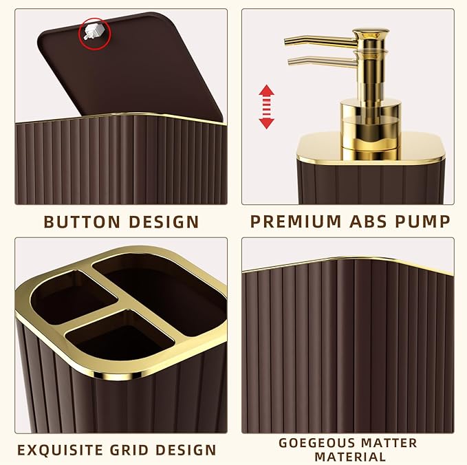 Bathroom Accessories Set - 25PC Brown Bathroom Sets with Shower Curtain and Rugs, Bathroom Accessory Set, Brown Shower Curtain Set, Trash Can, Qtip Holder Dispenser & Soap Dispenser