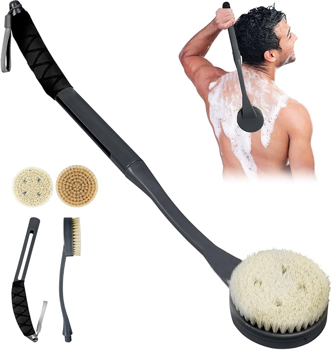 Back Scrubber for Shower, 20.5" Anti Slip Long Handle Bath Brush, Back Brush with Stiff and Soft Bristles Detachable Heads, Showering Exfoliator for Women, Men, Elderly