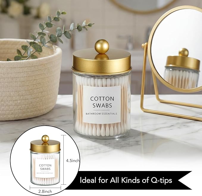 Amolliar 2 Pack Qtips Dispenser Holder - Bathroom Countertop Storage Organizer Containers - Glass Apothecary Jars with Gold Plastic Lid for Q-tips Cotton Balls, Swabs, Round Pads, Floss