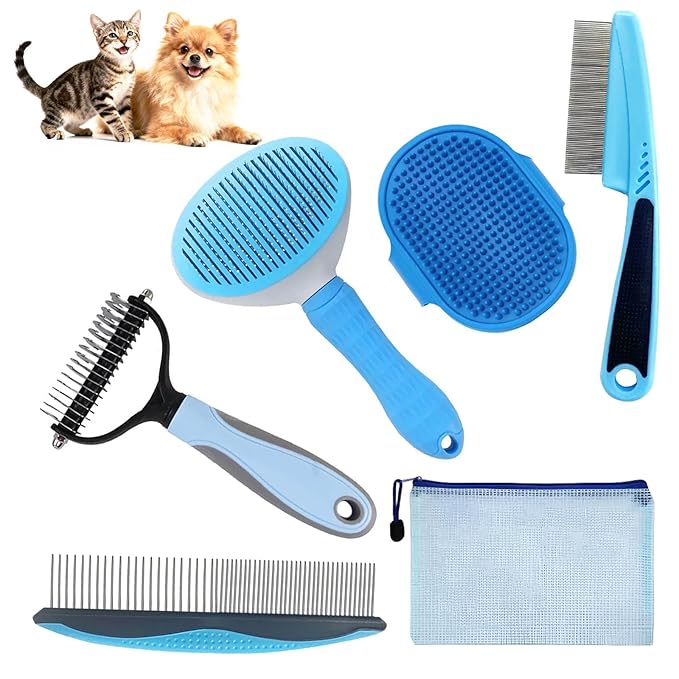 5-in-1 Pet Grooming Kit with Self-Cleaning Slicker Brush for Dogs & Cats, Includes Undercoat Rake, Dematting Comb, Fine-Tooth Flea Comb, and Massage Bath Brush - Complete Grooming Solution