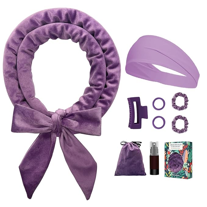 No Heat Overnight Curl Headband, 70" Soft Ribbon Wrap with 9 PCS Curling Rods and Yoga Strap - Purple