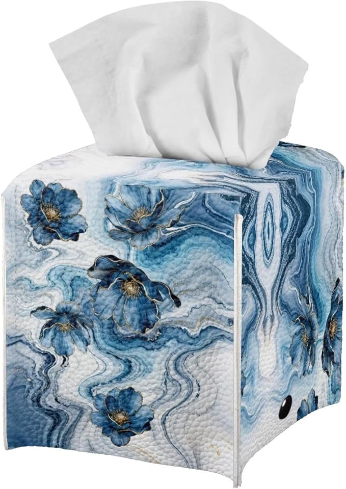 Blue Marble Flower Tissue Box Holder Waterproof PU Leather Square Modern Tissue Box Cover with Metal Button Napkin Holder for Home Office Car