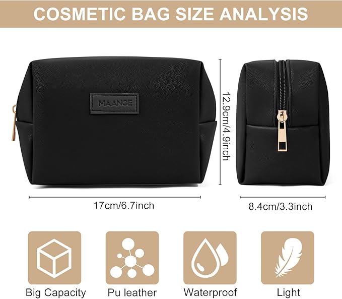 MAANGE Small Makeup Bag For Purse, Travel Cosmetic Bag Makeup Pouch PU Leather Portable Versatile Zipper Pouch For Women (Black)
