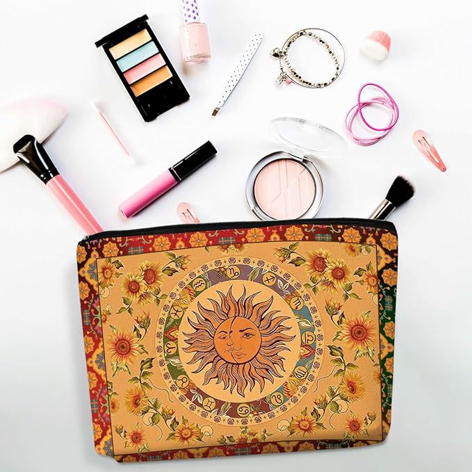 Boho Makeup Bag, Sun and Moon Makeup Bag, boho hippie gifts for women Teen Girls Sisters Friends, Vintage Flower Pouch Floral Canvas Cosmetic Bags, Portable Travel Toiletry Organizer Sun Moon Gifts