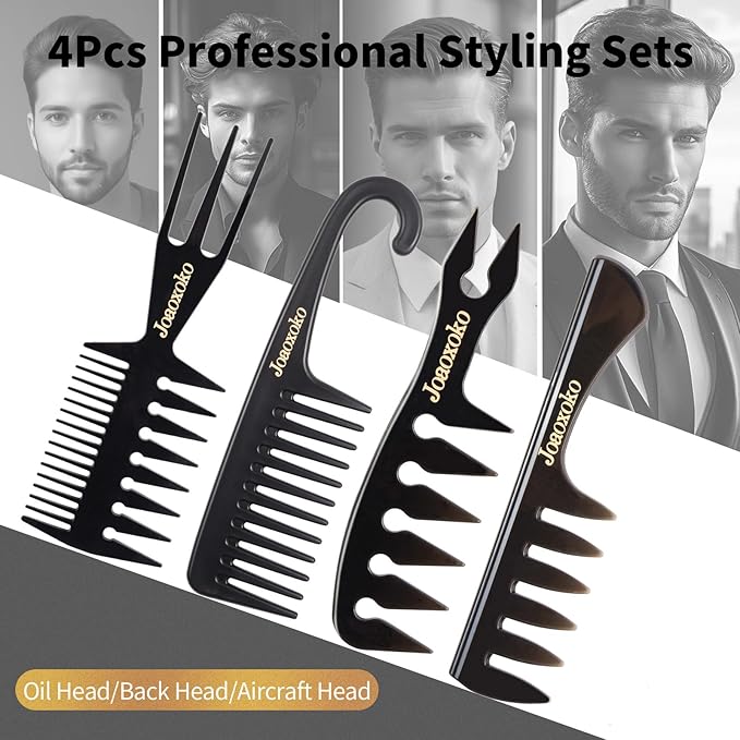 Wide Tooth Comb Set for Men - 4 Pcs Professional Barber Combs with Anti-Static Design, Reduce Hair Pulling for Curly Thick Hair, Textured ABS Black Combs for Travel Salon Home Grooming
