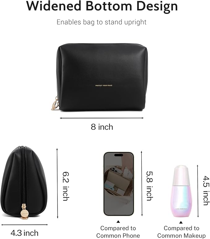 Aveniee Travel Makeup Bag, Large Toiletry Bag for Women, Vegan Leather Travel Pouches Case, Make Up Bag for Travel Essentials Brushes, Cosmetic Bag Purse Organizer with Divider and Gold Zippers-Black