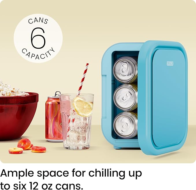 Iceman Portable Mini Fridge – Fits 6 x 12 oz Cans, Cooler and Heater Mini Fridge for Bedroom, Car, Office, Dorm and Skincare, AC/DC Car Plug-Compatible - Blue